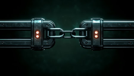 A close-up of a metal chain connecting two glowing cylindrical objects against a dark green background.の素材