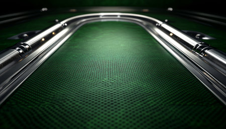 A close-up view of a green textured surface with silver trim, creating a modern and futuristic aesthetic.の素材