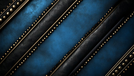 A diagonal pattern of black and gold leather strips with gold studs on a blue textured background.の素材