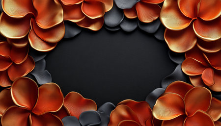 A close-up shot of a stylized floral frame composed of overlapping metallic orange and black petals.の素材
