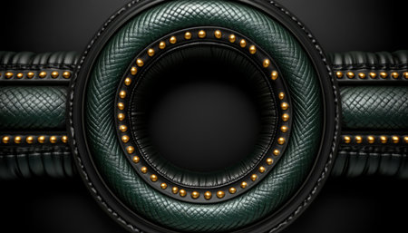 A circular frame with green leather upholstery, gold studs, and a black border, isolated against a black background.の素材