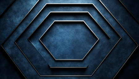 The image displays a geometric pattern of multiple hexagons with a metallic finish, arranged in concentric circles on a textured blue surface.の素材
