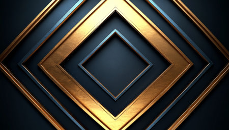An abstract image featuring intersecting gold and silver frames against a dark background, creating a geometric and modern design.の素材
