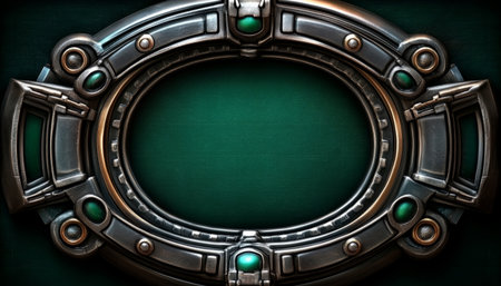 A circular metallic frame with decorative elements, including emerald gems, on a green background.の素材