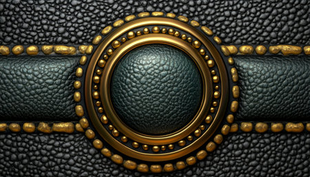 A close-up of a circular gold trim and beading on a black and green leather surface.の素材