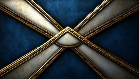 An abstract design featuring intersecting gold and silver frames on a dark blue background.の素材