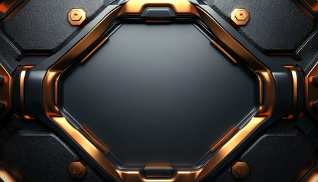 A close-up view of a stylized hexagon frame with metallic black and gold accents, showcasing a sleek and modern design.の素材