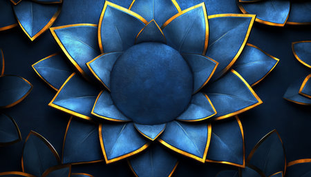 A stylized abstract flower with blue petals and gold accents. The image has a metallic texture.の素材