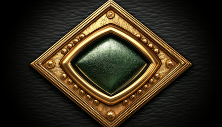A close-up shot of an ornate golden frame with a green gemstone in the center, set against a black wavy surface.の素材