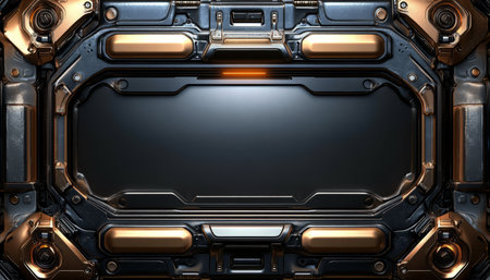 A futuristic interface with a black background, accented by golden panels and details.の素材