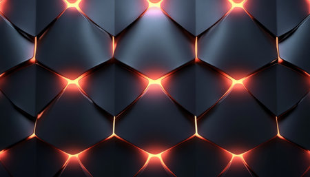 A close-up view of an abstract geometric pattern with glowing orange lines on a dark black background.の素材