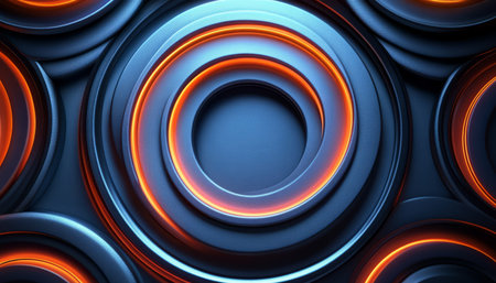 A 3D rendering of abstract circular shapes with glowing orange lines on a blue background.の素材