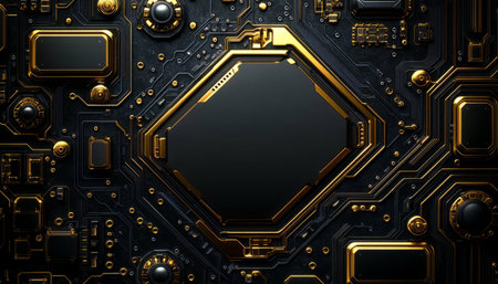 An abstract digital illustration depicting a black and gold circuit board with an octagonal shape in the center.の素材
