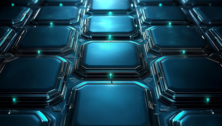 A close-up of an abstract, geometric pattern composed of blue metallic shapes with glowing turquoise lights.の素材