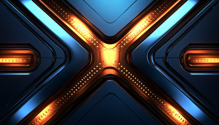 A close-up of an abstract metallic surface with a glowing orange light source, creating a futuristic and modern design.の素材