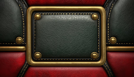 A green leather panel framed in gold, surrounded by red leather and decorative stitching.の素材