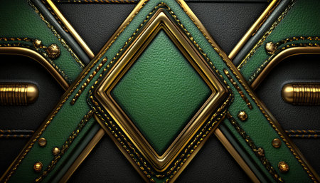 A close-up of a green and black leather panel with gold accents and stitching, creating a geometric design.の素材