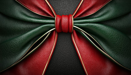 A close-up view of a green and red leather bow with gold trim, tied on a black textured background.の素材