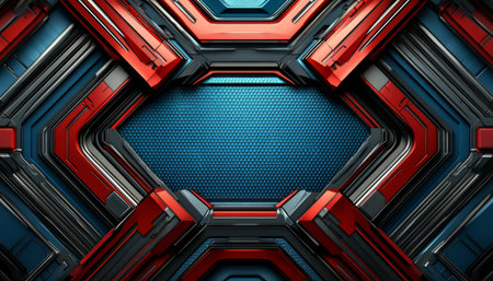 A digital illustration of an abstract geometric pattern, featuring a central blue panel surrounded by red and black panels, creating a futuristic and technological aesthetic.の素材