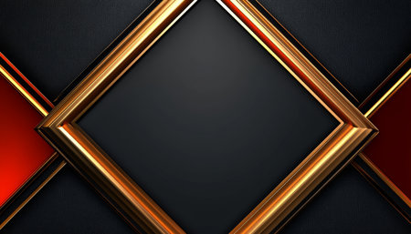 A golden frame with a diagonal pattern, set against a black leather background with red accents.の素材