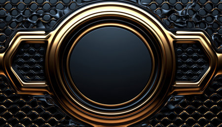 A black and gold circular frame with a geometric pattern, set against a black background.の素材