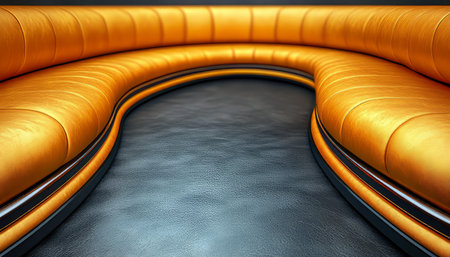 The image showcases a close-up view of a curved orange leather sofa with black leather interior, highlighting the luxurious and modern design of the furniture.の素材