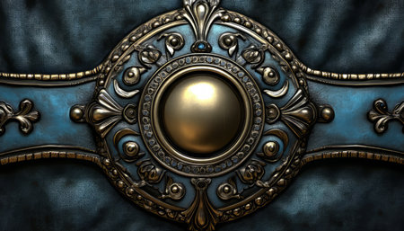 An ornate metal emblem with intricate floral details and a circular gold centerpiece, set against a blue background.の素材