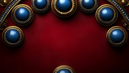 A close-up image of an ornate golden frame with blue gems arranged around a red background, creating a luxurious and decorative design.の素材