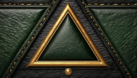 A close-up image of a green leather panel featuring a golden triangular frame, decorative stitching, and a gold button.の素材