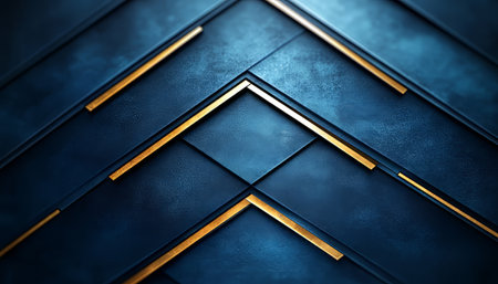 An abstract design featuring a geometric pattern with gold accents on a deep blue background, creating a modern and minimalist aesthetic.の素材