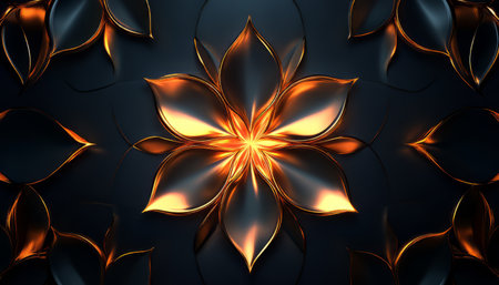 A stylized golden flower with a glowing center against a dark, textured background.の素材