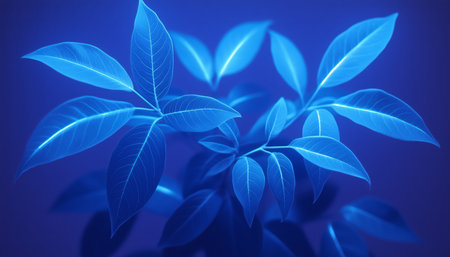 A close-up image showcasing the intricate veins of blue leaves against a blue background.の素材