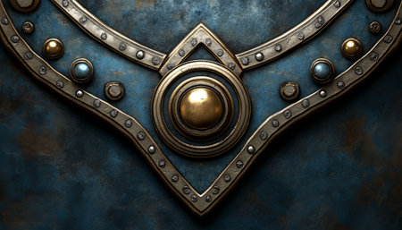 A detailed view of a textured, metallic design featuring gold accents on a blue surface.の素材