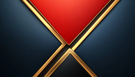 A minimalist abstract geometric design featuring intersecting red, blue, and gold triangles.の素材