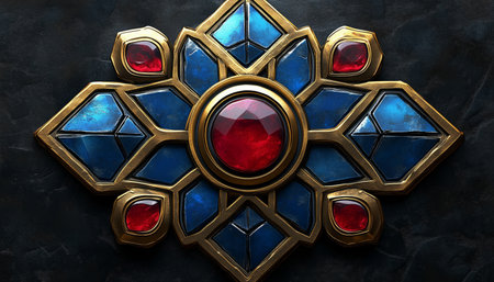A close-up of a golden ornate emblem featuring red and blue gems set against a dark background.の素材