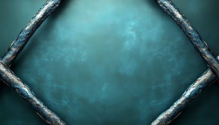 A close-up image of an abstract frame formed by intersecting metal bars against a teal background.の素材