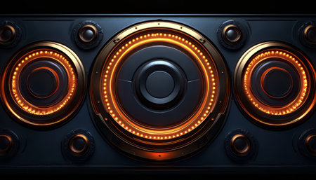 A close-up shot of a futuristic interface featuring illuminated circular elements on a dark background.の素材