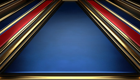 A geometric abstract design featuring a triangle framed by gold, black, red, and blue stripes, creating a visually striking and luxurious background.の素材