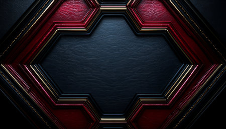 A close-up image of a geometric frame with a red, black, and gold design on a textured black background.の素材