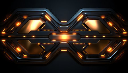 A digital rendering of a black futuristic panel with gold glowing lines.の素材