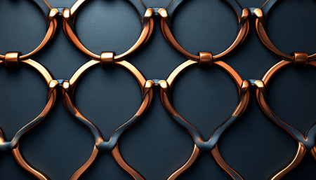 A close-up image of an abstract pattern created by intertwining copper rings on a dark background.の素材