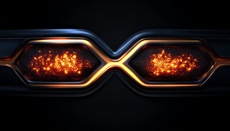 Close-up of two glowing orange hexagon lights with a metallic frame against a dark background.の素材