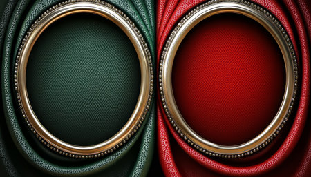 Two round frames with ornate gold-silver borders against a green and red textured leather background.の素材