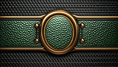 A 3D render of an ornate oval frame with gold and green accents on a black textured background.の素材