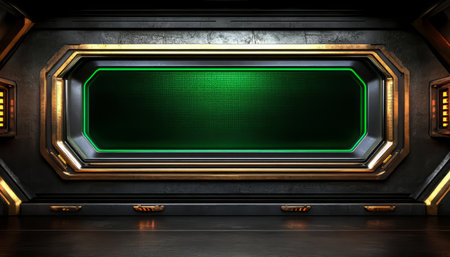 A futuristic room with a large green display window surrounded by black and gold metal panels.の素材