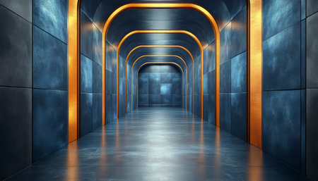 A modern hallway with curved ceilings and blue tiled walls, illuminated with golden light, creating a sleek and contemporary design.の素材