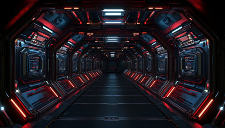 A digitally rendered image depicting the interior of a futuristic spaceship corridor, illuminated by a combination of red and blue lights.の素材