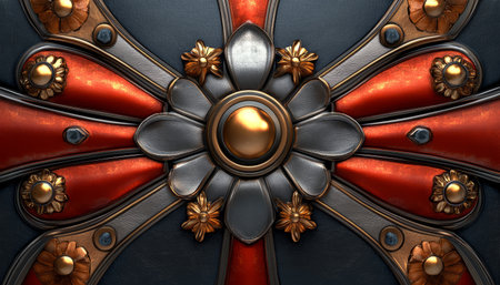 A close-up of an intricate metallic flower pattern with gold accents, showcasing its ornate details and luxurious aesthetic.の素材