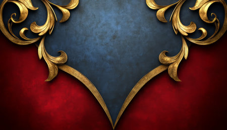 A decorative golden frame with intricate scrolling patterns adorns a blue background, set against a rich red backdrop.の素材