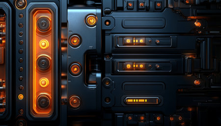 A close-up view of a futuristic black panel with glowing orange lights, highlighting its technological and abstract nature.の素材
